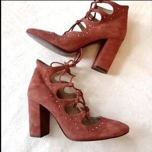 Sapena Spain Lace Up Chunky Ankle Heel Brown Suede Leather Round Yoe Euro 37.5